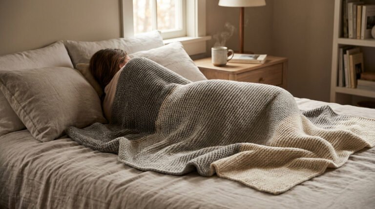 Une personne allongée dans un lit douillet, recouverte d'une couverture lestée en tricot gris et beige.
