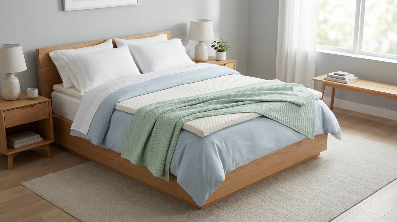 Un lit en bois avec un surmatelas blanc et une couverture vert menthe dans une chambre lumineuse et minimaliste.