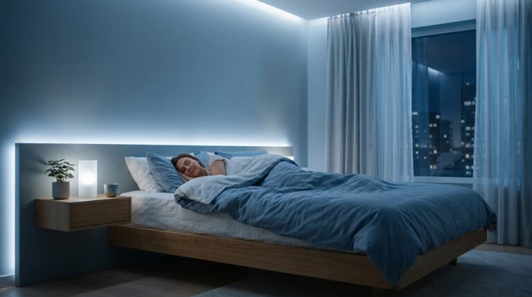 Une femme dort paisiblement dans une chambre moderne aux tons bleus apaisants, éclairée par une douce lumière indirecte.