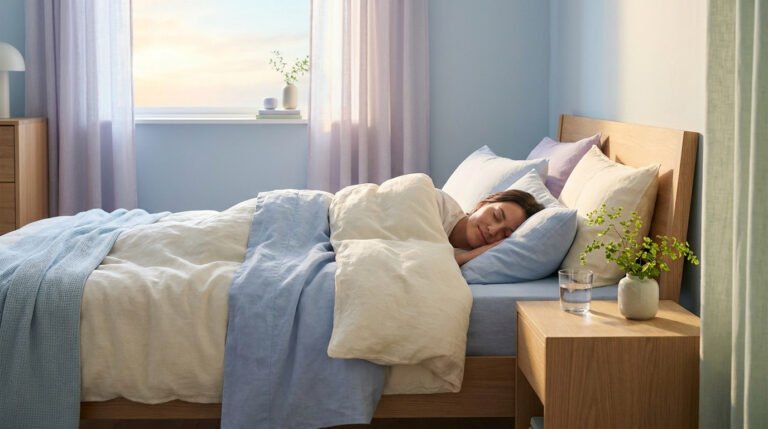 Une femme dort paisiblement dans un lit avec des draps en lin aux tons bleu pastel et beige dans une chambre lumineuse.