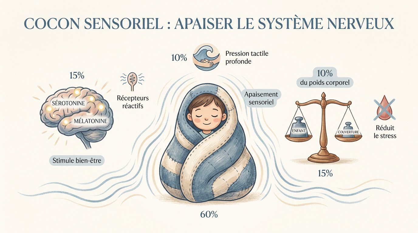 Enfant apaisé sous une couverture lestée créant un cocon sensoriel