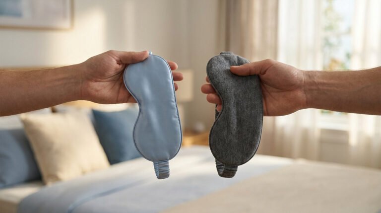 Deux mains présentent un masque de sommeil en soie bleu et un masque de sommeil lesté gris dans une chambre à coucher.