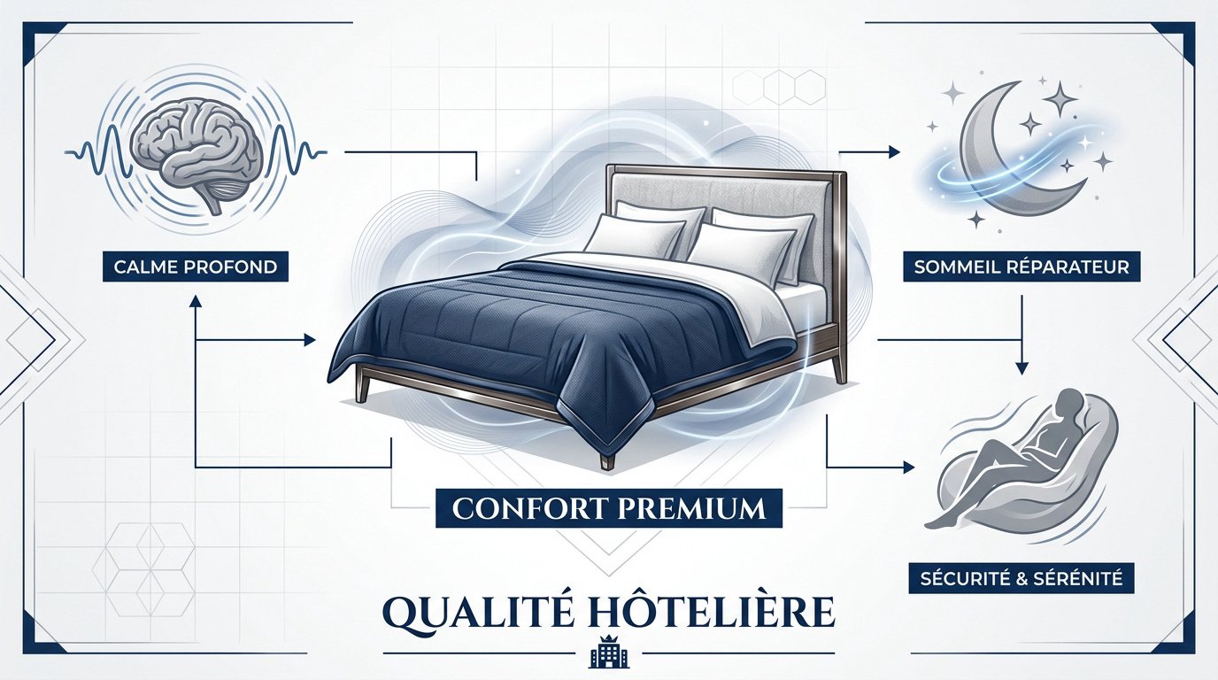 Couverture lestée disposée sur un lit d'hôtel de luxe pour améliorer le sommeil des clients