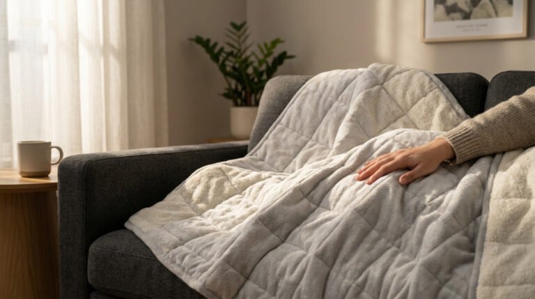 Une main posée sur une couverture lestée douce et grise, confortablement installée sur un canapé près d'une fenêtre.