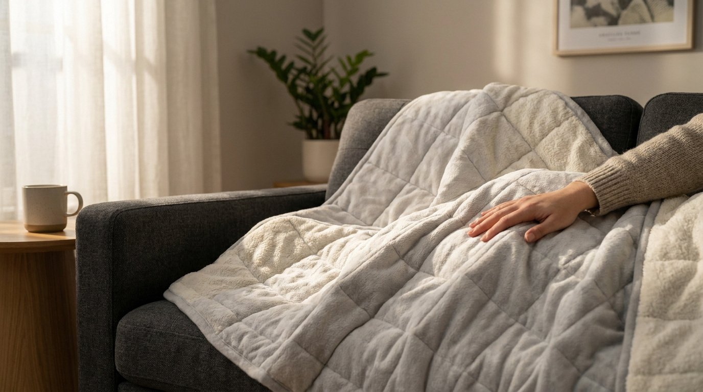 Une main posée sur une couverture lestée douce et grise, confortablement installée sur un canapé près d'une fenêtre.