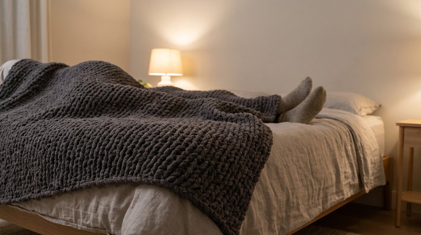 Personne allongée au lit sous une couverture lestée en grosse maille grise, pieds visibles, ambiance chaleureuse.