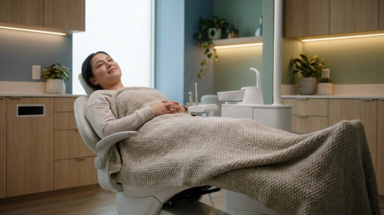 Une patiente détendue dans un fauteuil dentaire, couverte d'une couverture lestée beige pour réduire son anxiété.