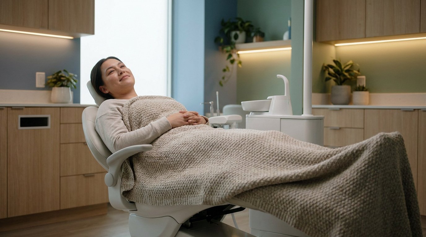 Une patiente détendue dans un fauteuil dentaire, couverte d'une couverture lestée beige pour réduire son anxiété.
