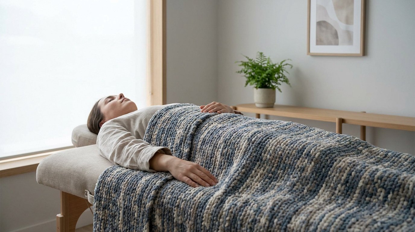 Une patiente détendue allongée sur une table de kinésithérapie, recouverte d'une couverture lestée en maille bleue.