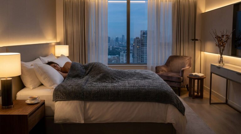 Une femme dort paisiblement dans une chambre d'hôtel moderne sous une couverture lestée grise avec vue sur la ville.