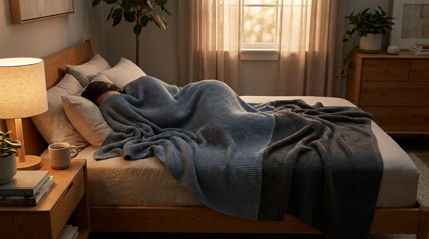 Une personne dort paisiblement sous une couverture lestée en maille grise dans une chambre confortable.