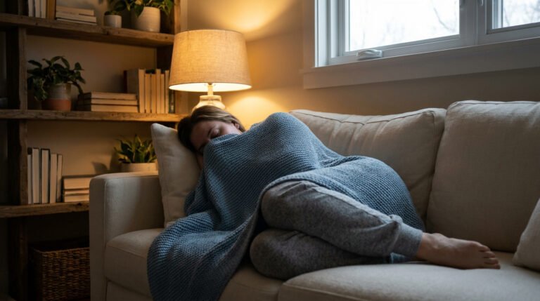 Une femme se repose sur un canapé, enveloppée dans une couverture lestée bleue tricotée, dans une ambiance cosy.