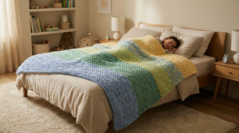 Enfant dormant paisiblement sous une couverture lestée en grosse maille colorée dans une chambre chaleureuse.