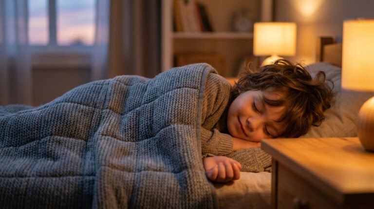 Un jeune enfant avec les cheveux ébouriffés dort paisiblement dans un lit sous une couverture lestée grise texturée.