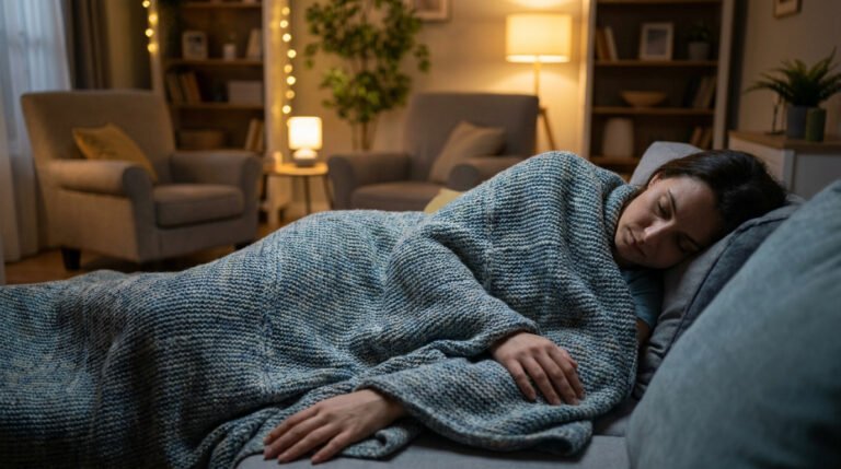 Une femme se repose paisiblement sur un canapé sous une couverture lestée bleue tricotée dans un salon chaleureux.