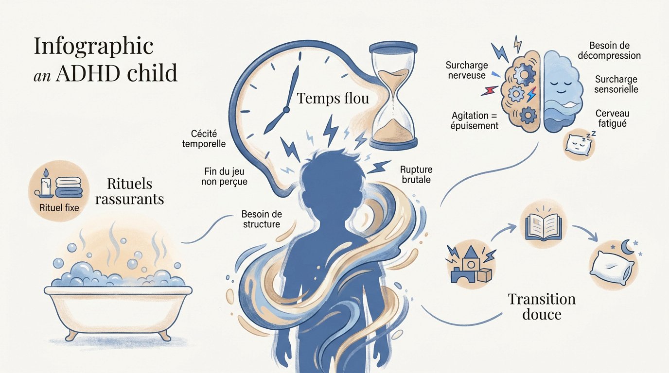 Infographie sur la routine du soir pour enfant TDAH et gestion du sommeil