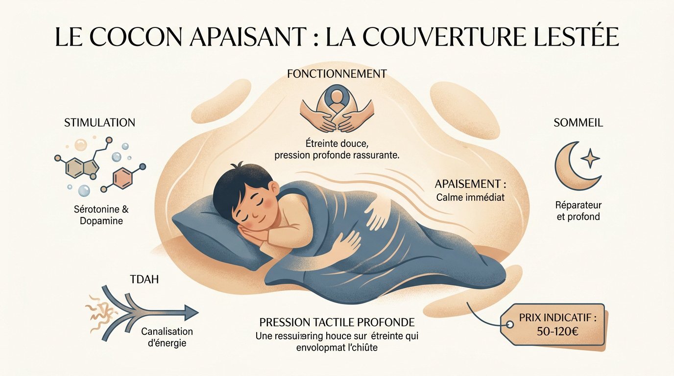Enfant apaisé sous une couverture lestée colorée