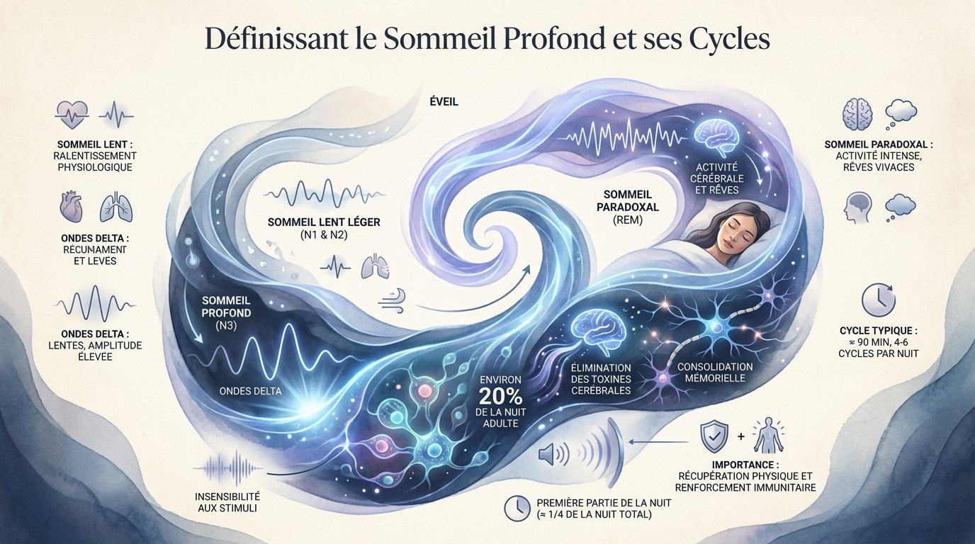 Schéma des phases du cycle de sommeil incluant le sommeil profond et paradoxal