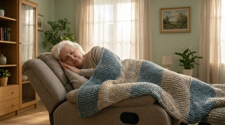 Une personne âgée dort paisiblement dans un fauteuil confortable, recouverte d'une couverture lestée en maille rayée.