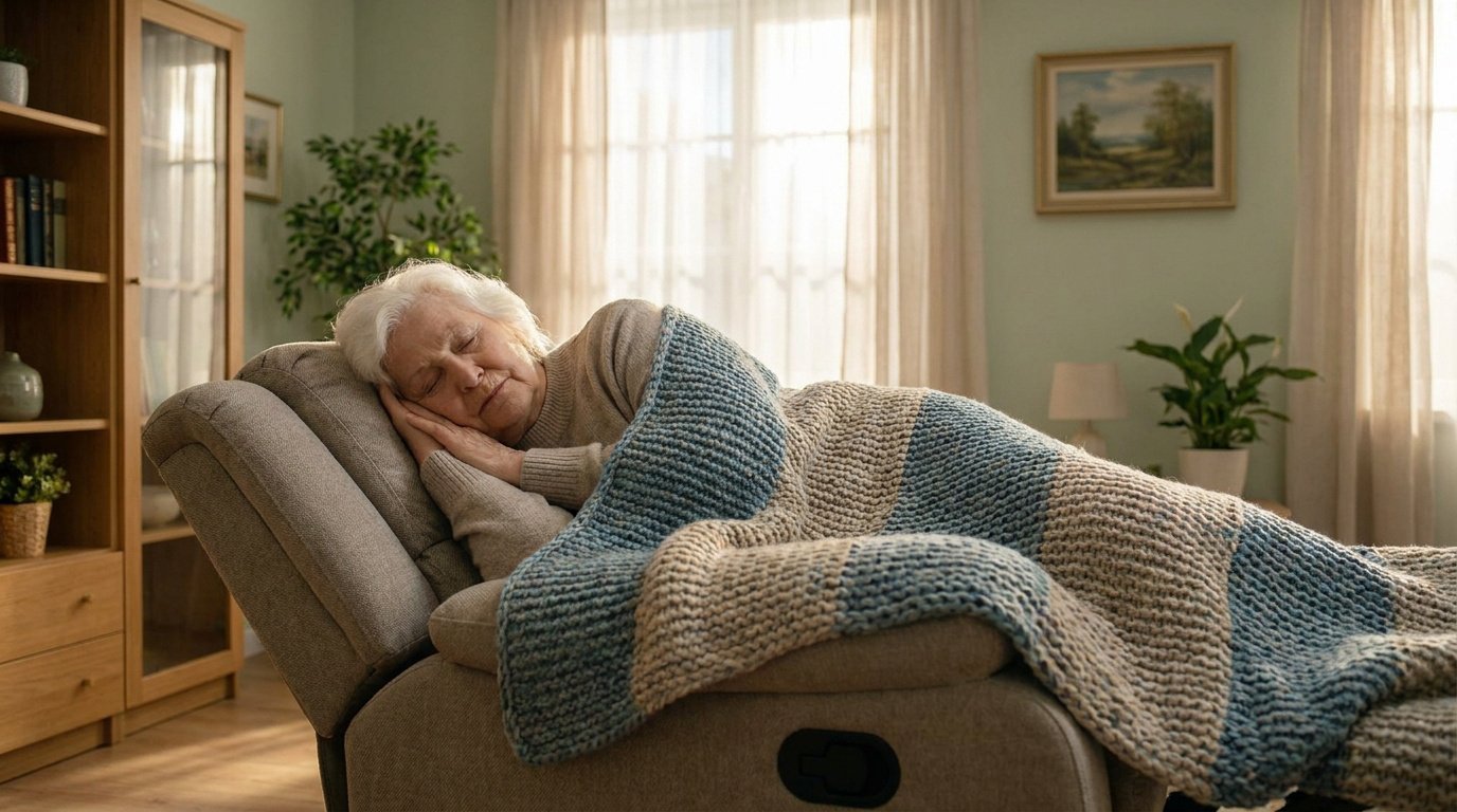Une personne âgée dort paisiblement dans un fauteuil confortable, recouverte d'une couverture lestée en maille rayée.