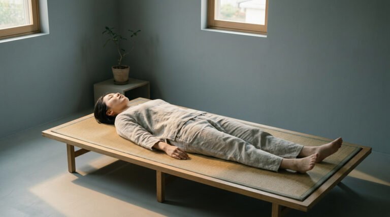 Une personne allongée sur le dos en position de repos sur un lit minimaliste dans une chambre épurée.