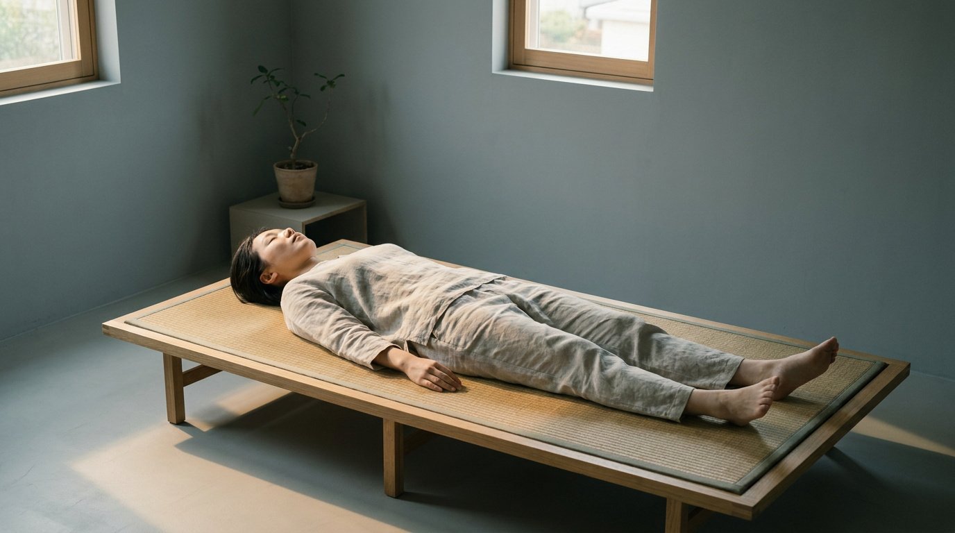 Une personne allongée sur le dos en position de repos sur un lit minimaliste dans une chambre épurée.