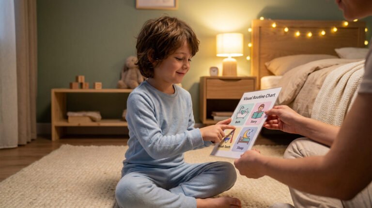 Un enfant en pyjama pointe un tableau de routine visuelle tenu par un adulte dans une chambre à coucher chaleureuse.