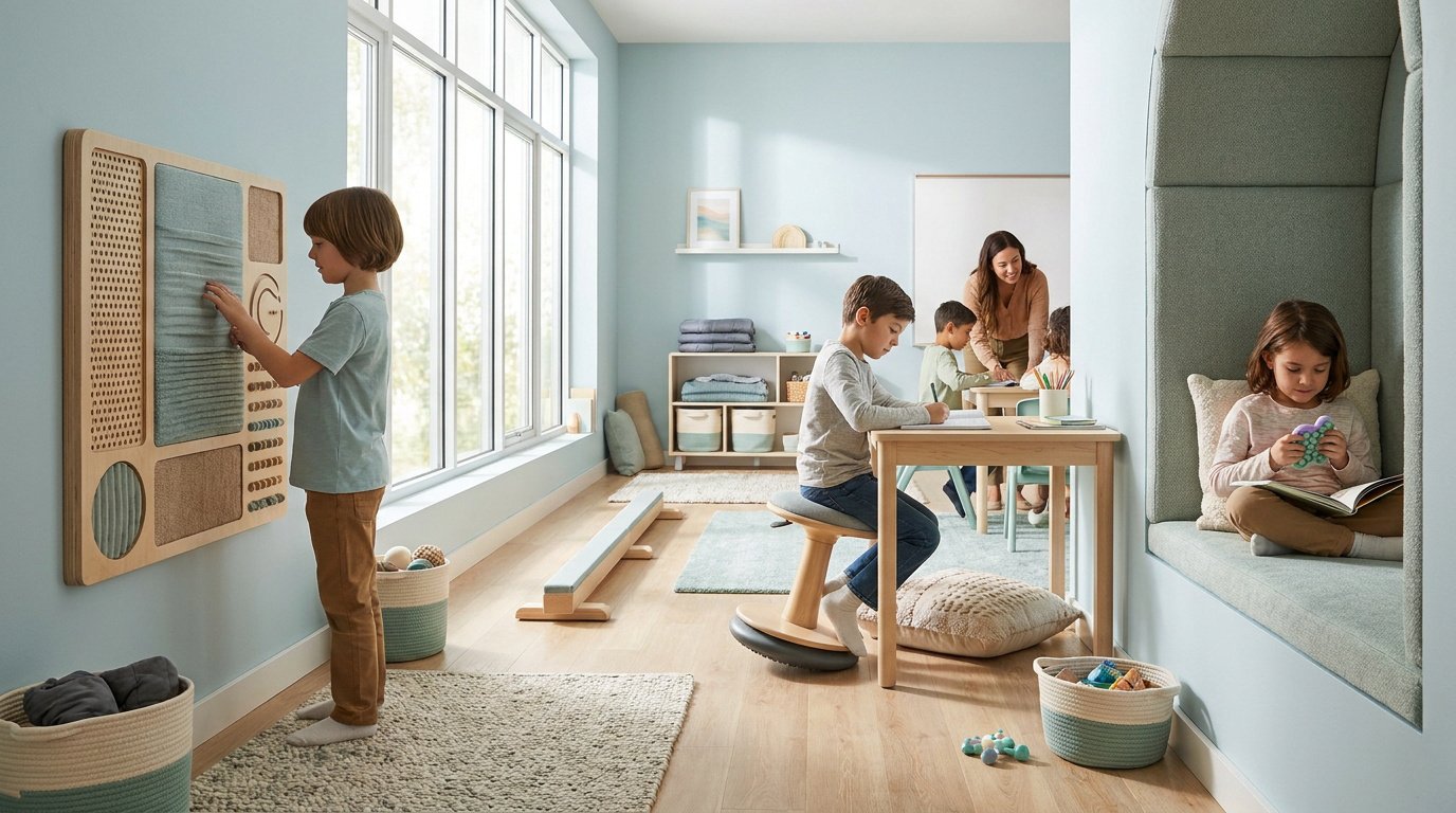 Enfants dans une salle de classe adaptée avec des outils sensoriels, un coin lecture et du mobilier ergonomique.