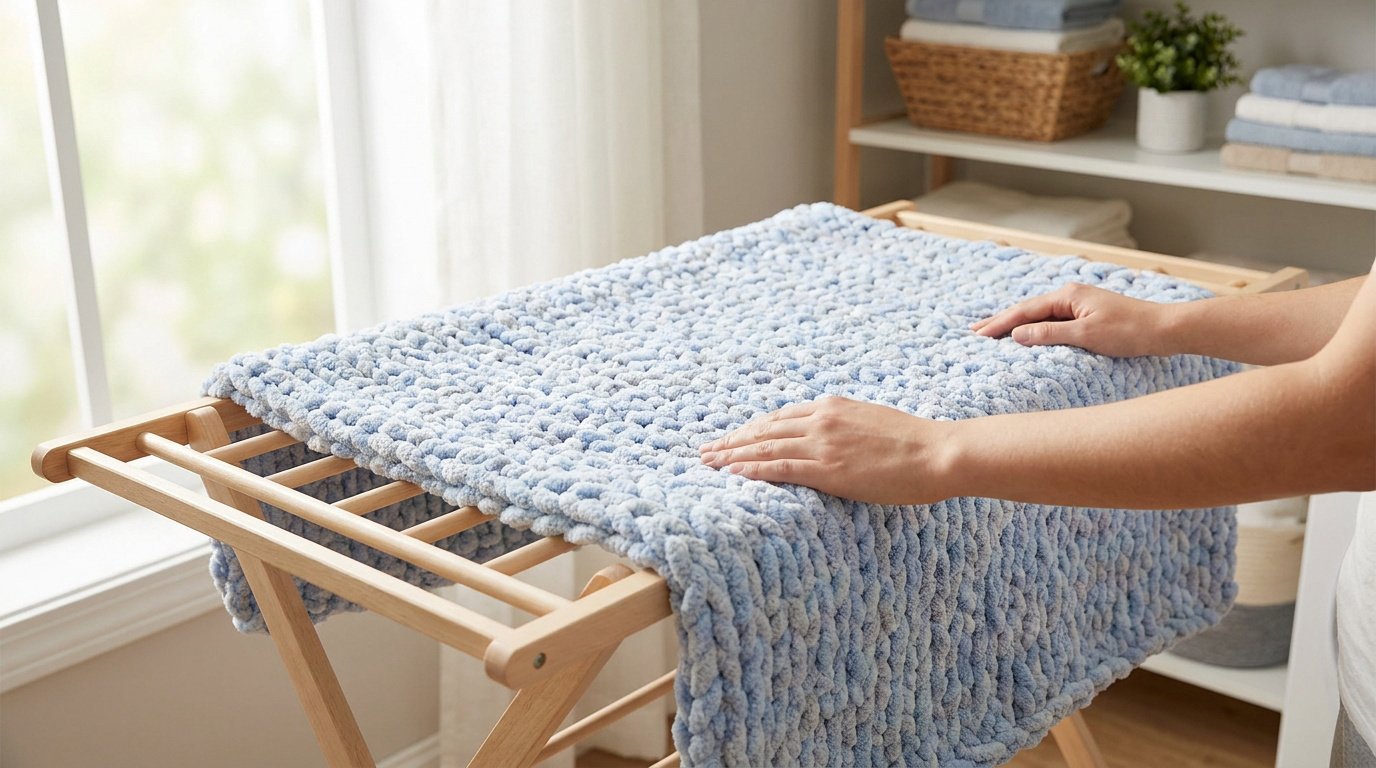 Mains posant une couverture lestée en grosse maille bleue sur un séchoir en bois devant une fenêtre.