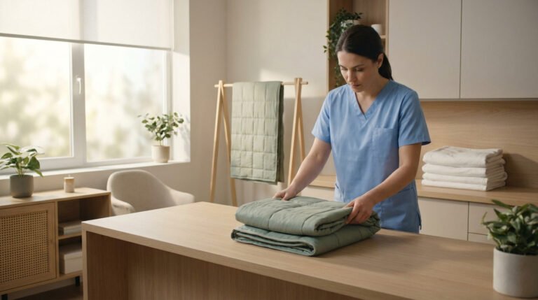 Une professionnelle de santé en tenue bleue plie une couverture lestée verte sur une table en bois dans un cabinet.