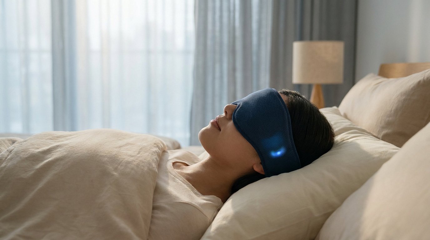 Femme dormant paisiblement avec un bandeau de sommeil connecté bleu lumineux dans une chambre lumineuse.