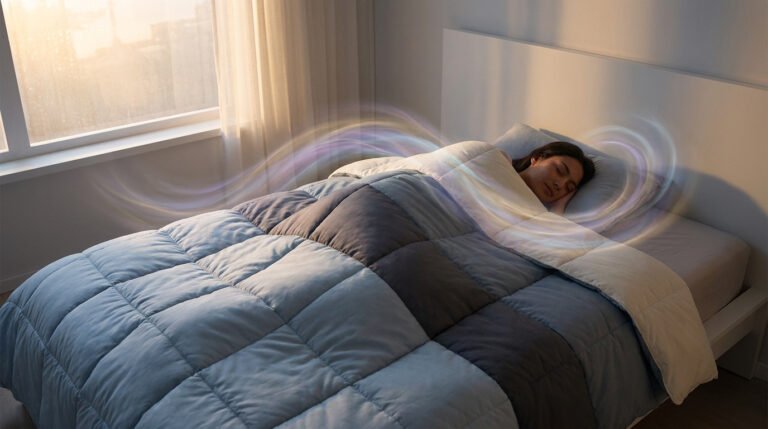 Une femme dort paisiblement dans un lit sous une couette avec des ondes lumineuses stylisées illustrant le sommeil.