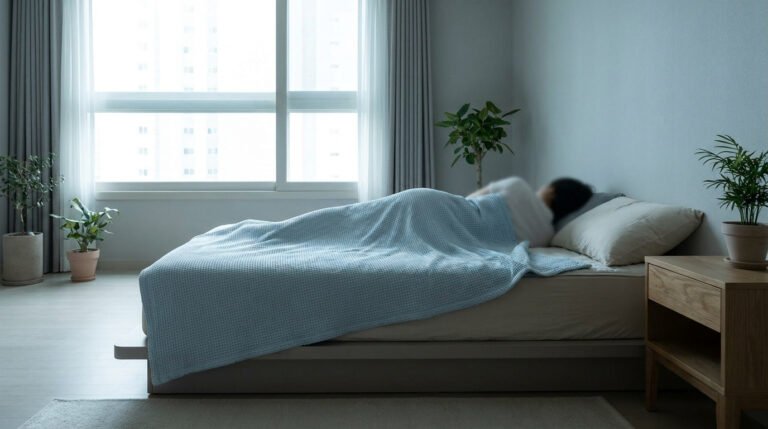 Une personne dort confortablement sous une couverture bleue gaufrée dans une chambre lumineuse et apaisante.