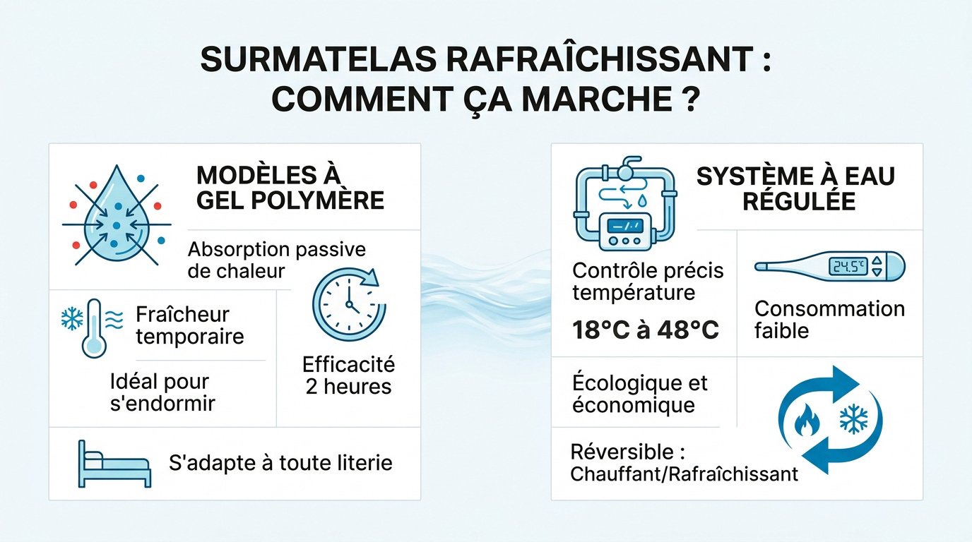 Schéma du fonctionnement thermique d'un surmatelas rafraîchissant à gel et à eau