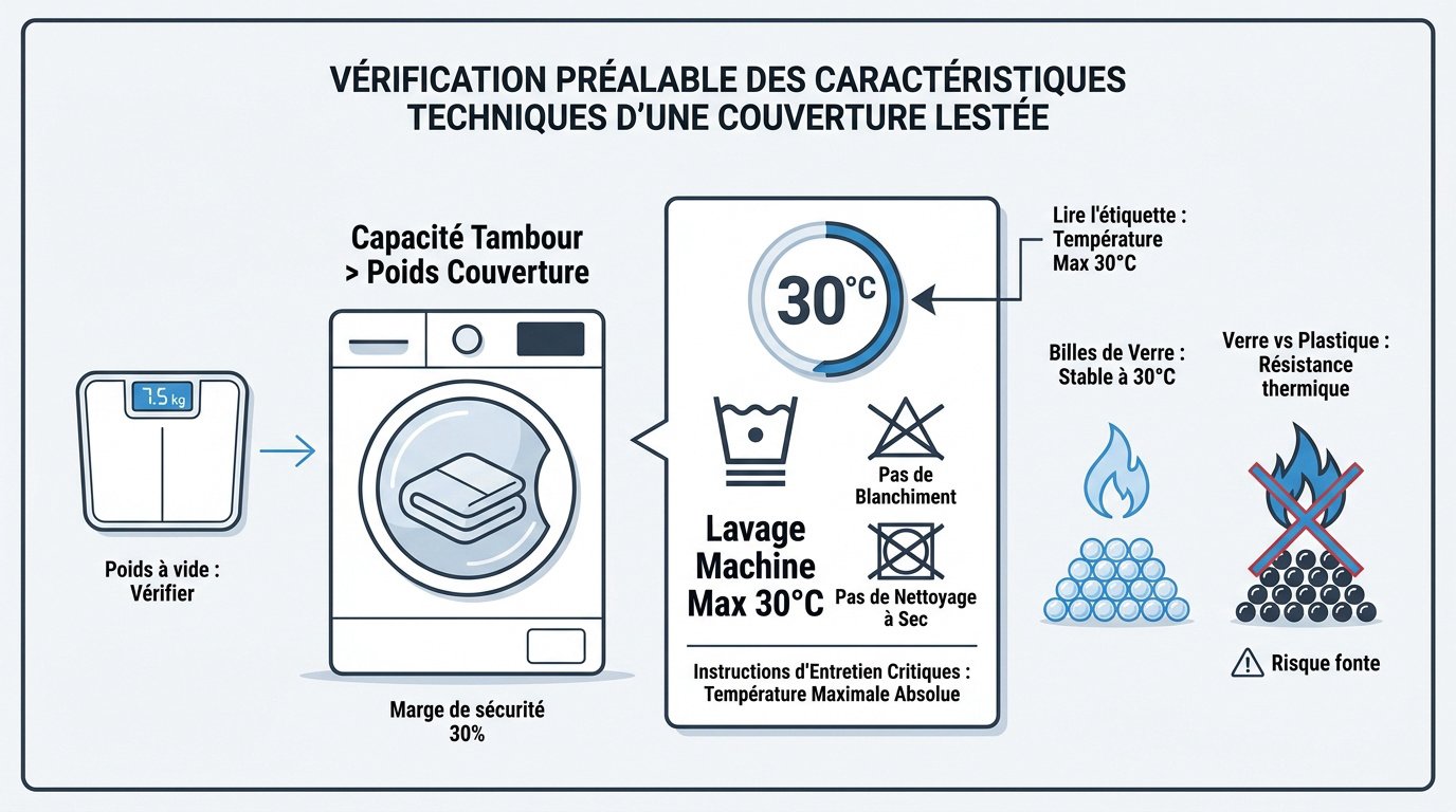 Vérification des étiquettes et du poids de la couverture lestée avant lavage