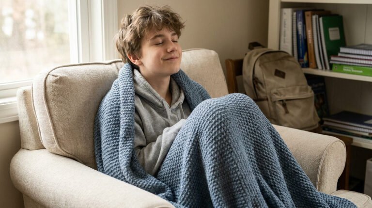 Adolescent souriant et détendu enveloppé dans une couverture lestée bleue sur un fauteuil près d'une bibliothèque.