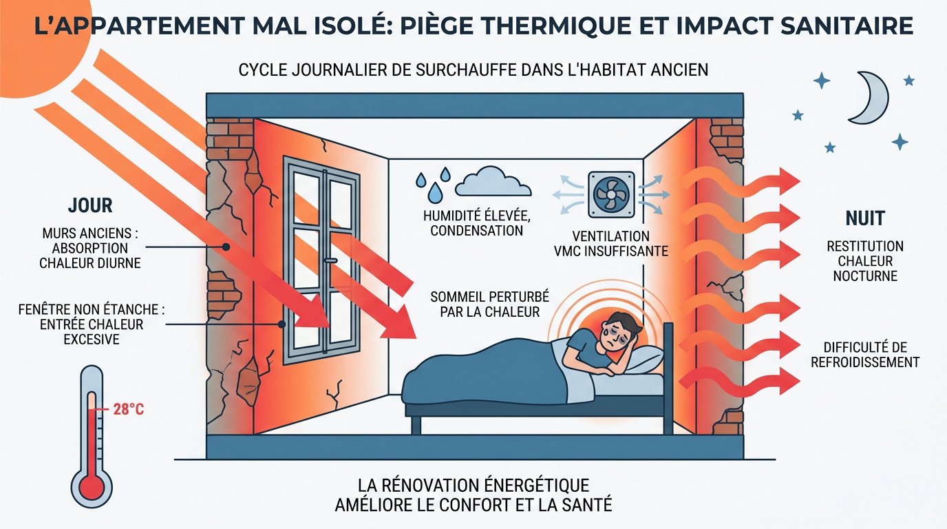 Personne souffrant de la chaleur nocturne dans un appartement mal isolé
