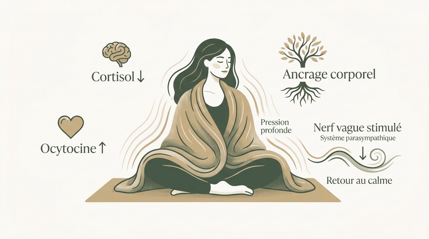 Séance de yoga relaxante avec une couverture lestée pour un ancrage sensoriel profond