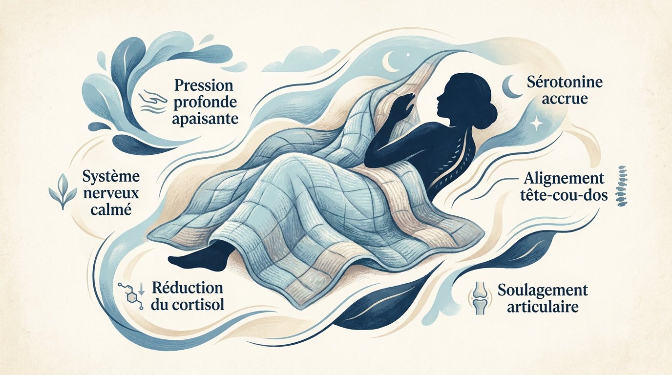 Femme apaisée sous une couverture lestée favorisant le sommeil profond