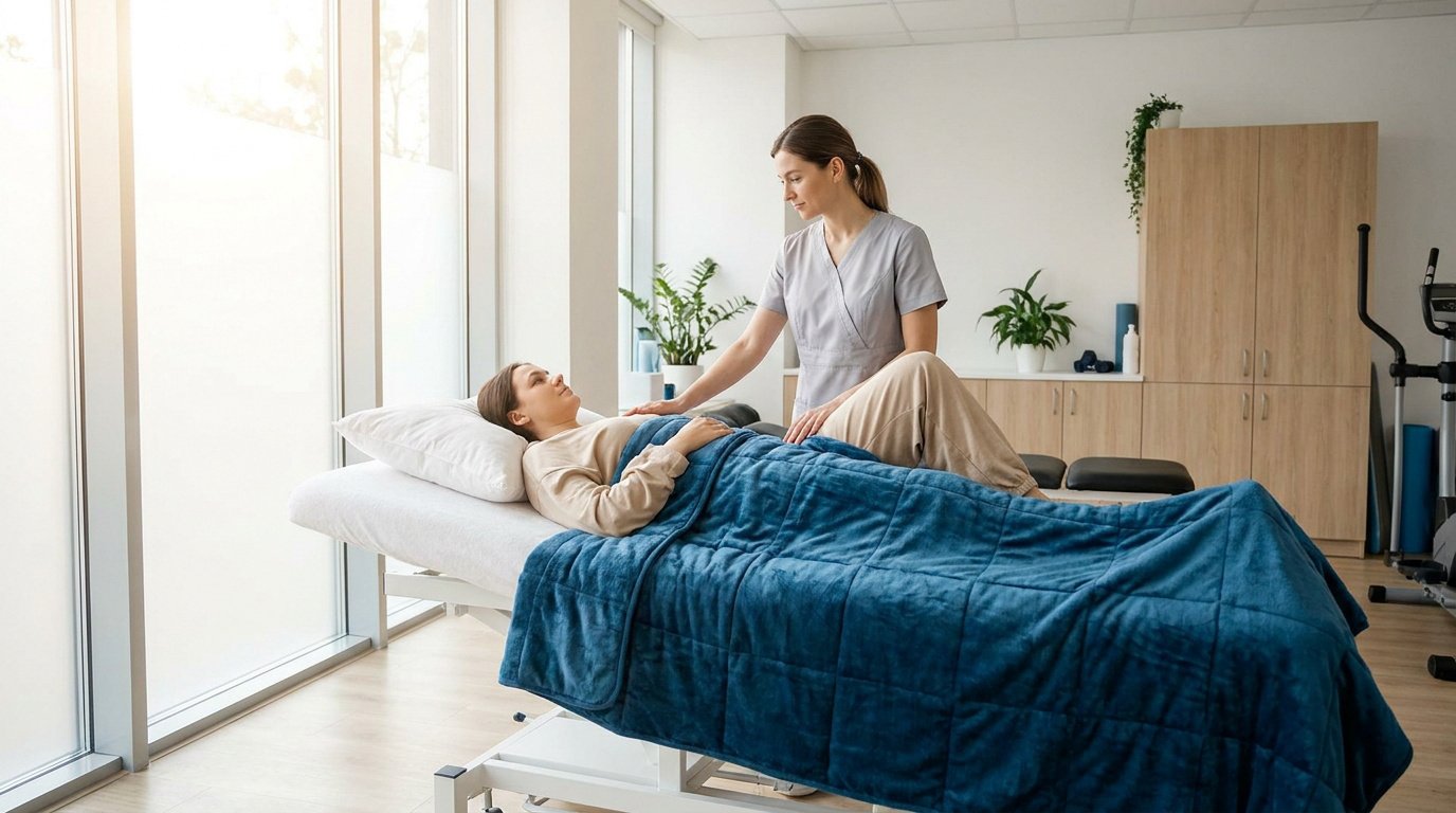 Une kinésithérapeute utilise une couverture lestée bleue sur une patiente allongée sur une table d'examen.