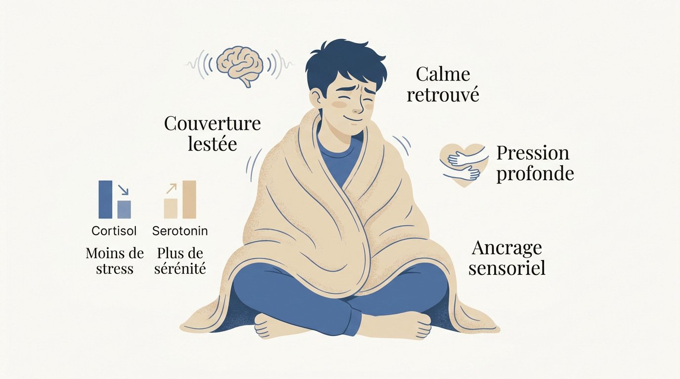 Adolescent apaisé sous une couverture lestée pour réduire le stress scolaire