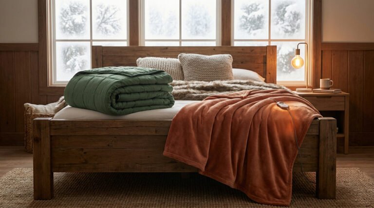 Lit en bois avec une couverture lestée verte et une couverture chauffante orange devant une fenêtre enneigée.