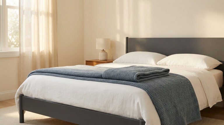 Lit moderne avec une couverture lestée bleue pliée sur des draps blancs, dans une chambre lumineuse et minimaliste.