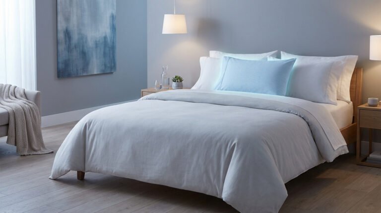 Lit moderne avec une taie d'oreiller bleu clair, sobre et apaisante dans une chambre décorée avec élégance.