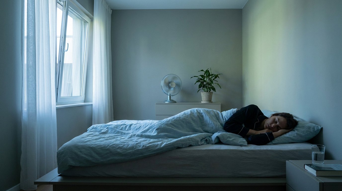 Une personne dort paisiblement dans un lit avec un ventilateur en arrière-plan sous une lumière douce de fin de journée.