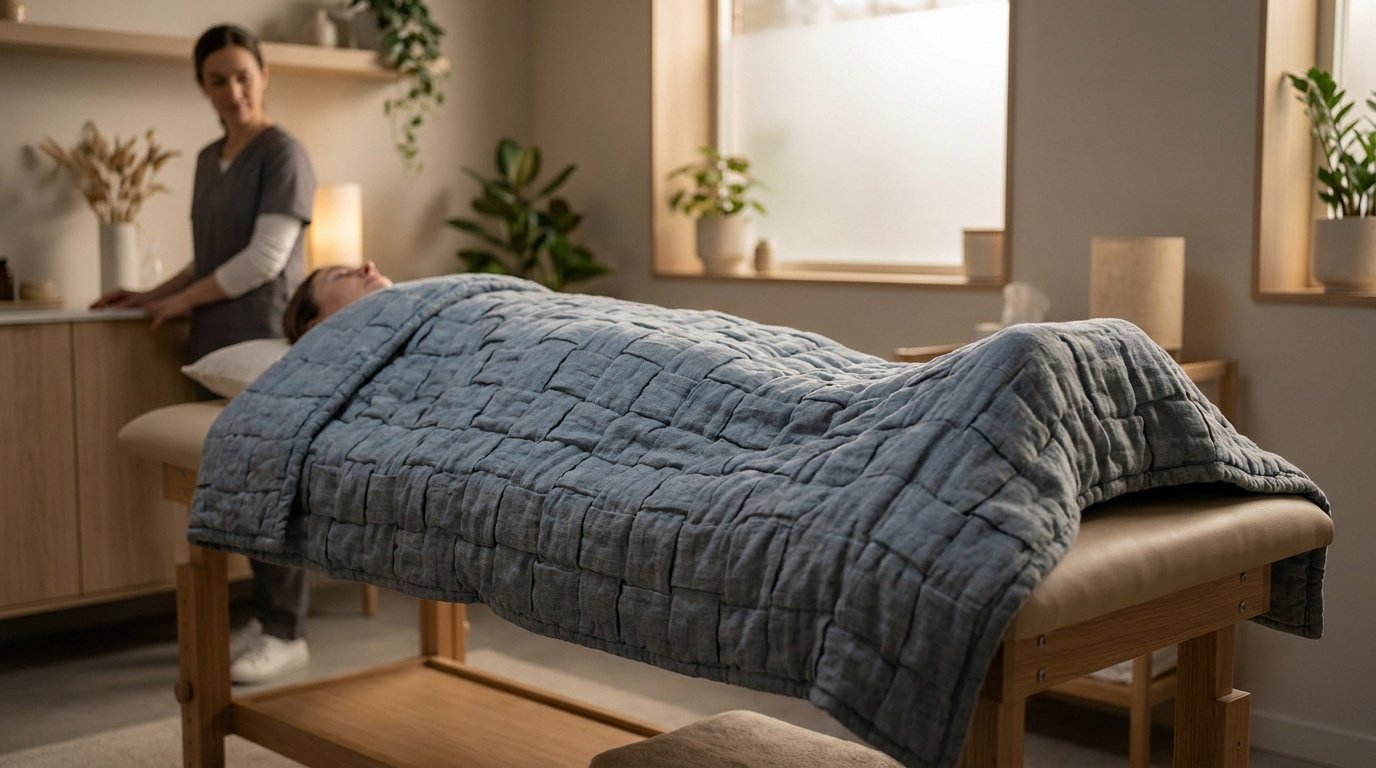 Une patiente allongée sur une table d'ostéopathie, recouverte d'une couverture lestée grise, avec un praticien en arrière-plan.