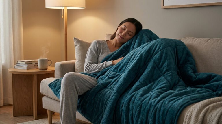 Une femme se repose paisiblement sur un canapé, enveloppée dans une couverture lestée bleu profond.