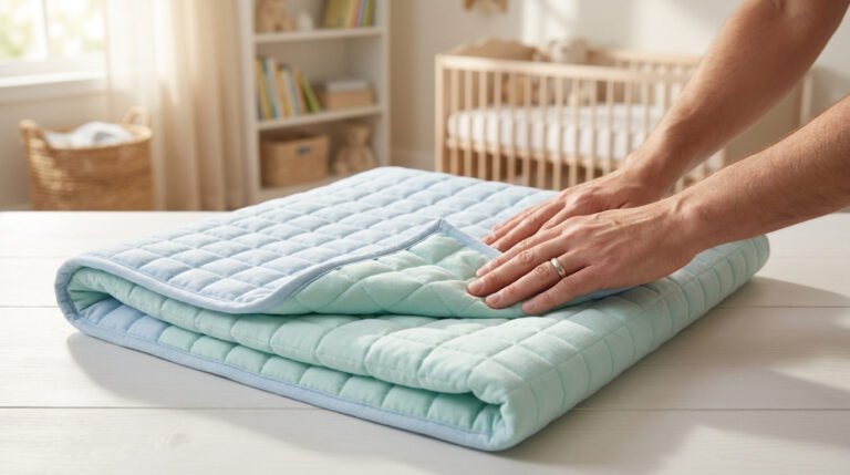 Mains d'un adulte pliant une couverture lestée bleu pastel matelassée sur une table dans une chambre d'enfant.