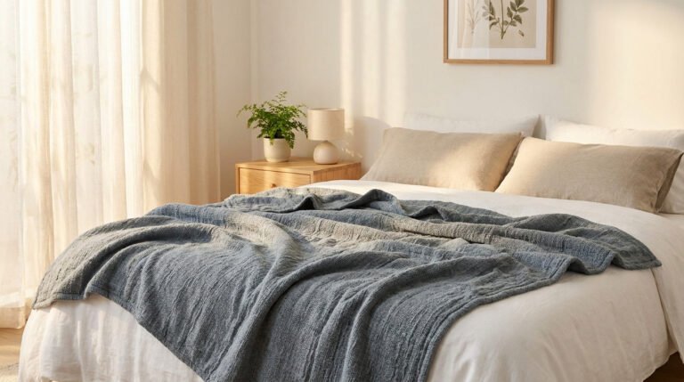 Une couverture lestée gris texturé posée sur un lit blanc dans une chambre lumineuse et minimaliste.
