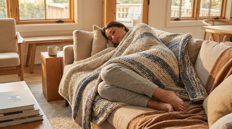 Une femme se repose sur un canapé, confortablement installée sous une couverture lestée en grosse maille.